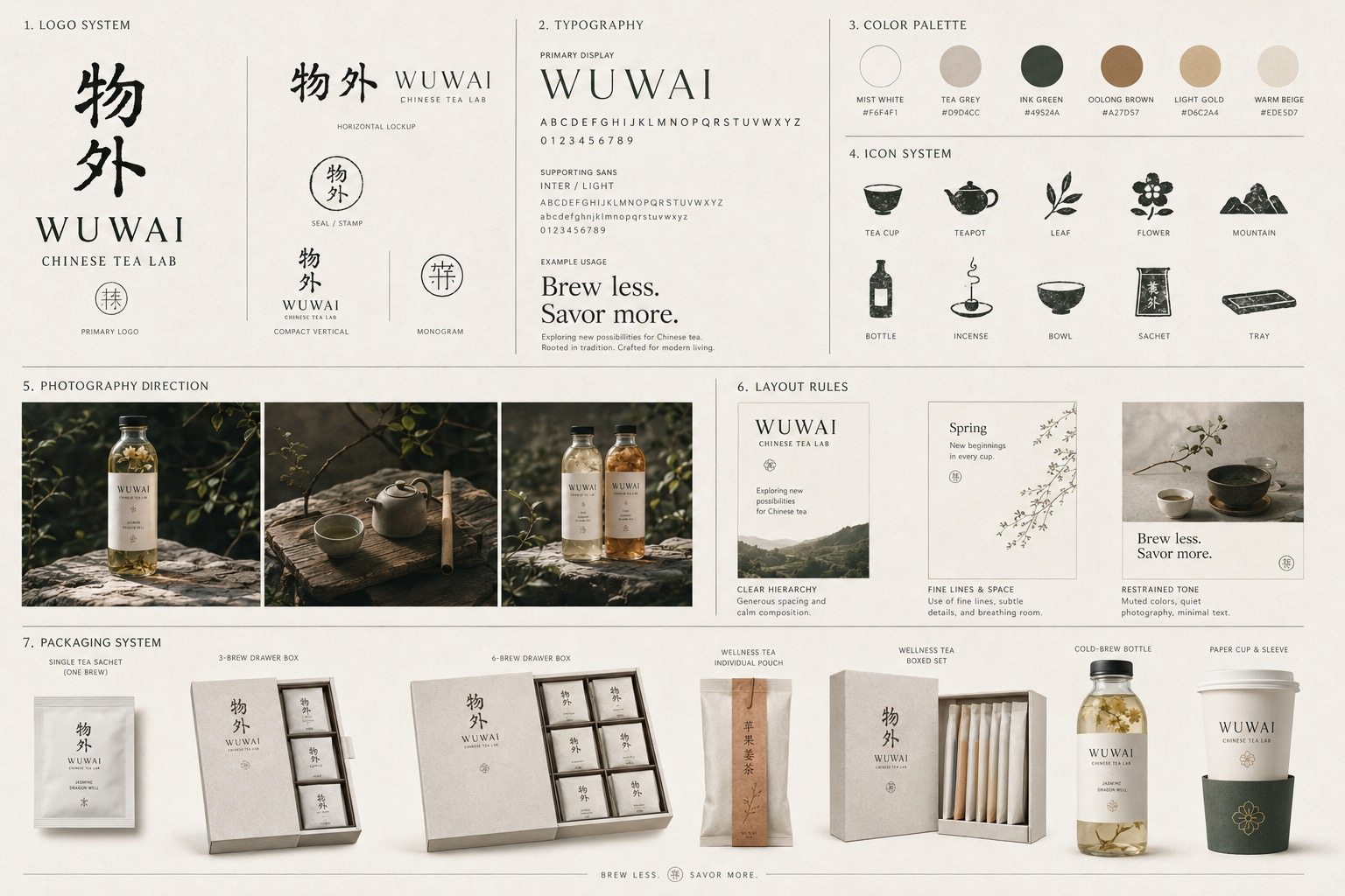 WUWAI brand system — logo, type, colour, packaging